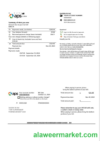 USA Arizona APS electricity proof of address business utility bill template in Word and PDF formats